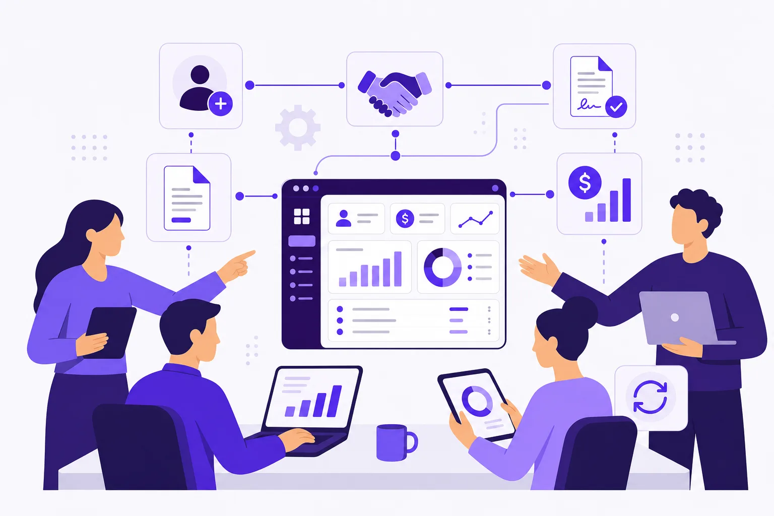 Illustration of a collaborative technology team building enterprise workflow software behind AiXGEN