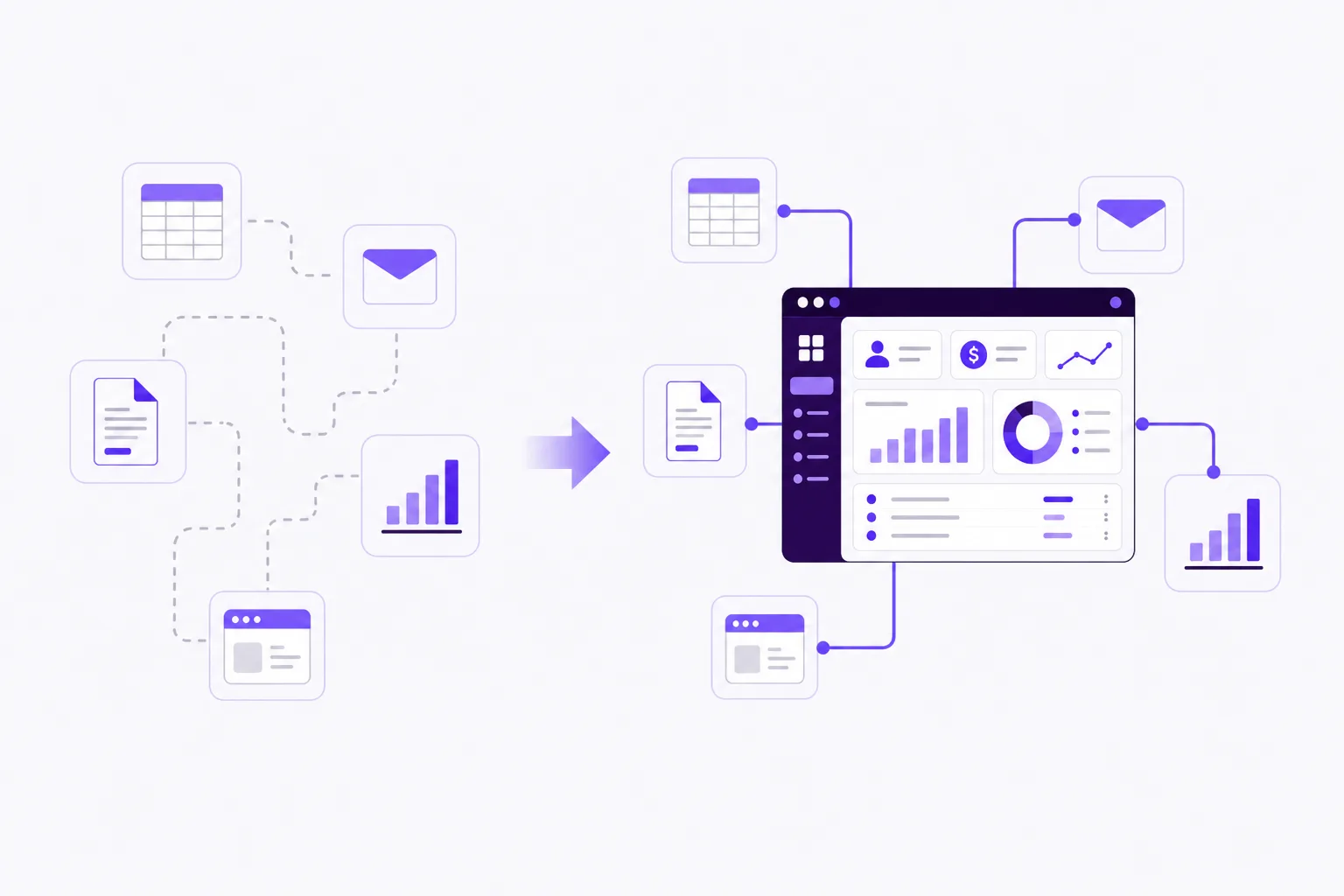 Illustration showing fragmented revenue tools connecting into one unified business workflow