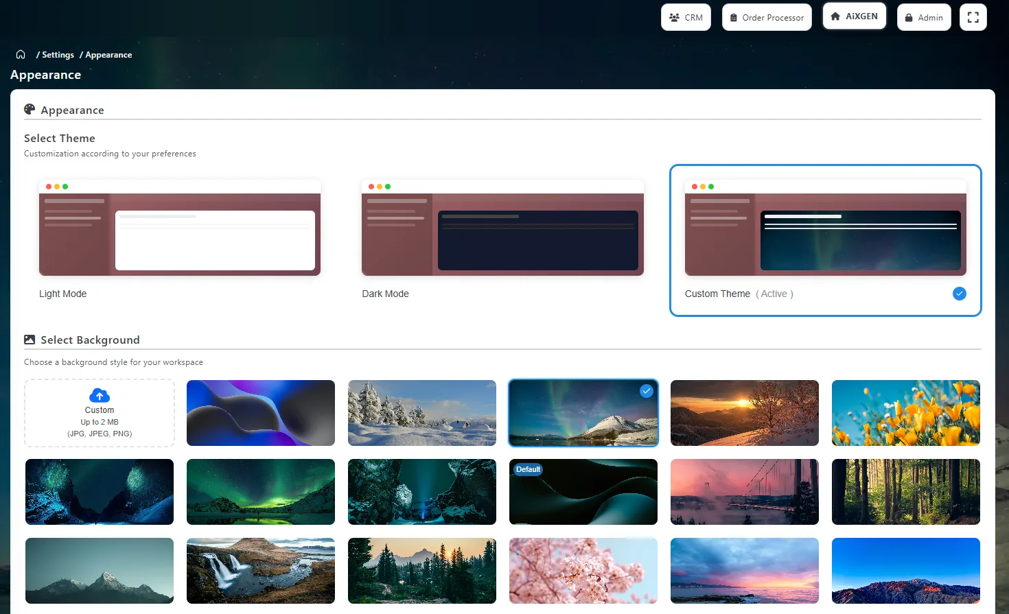 AiXGEN appearance settings with theme and background selection