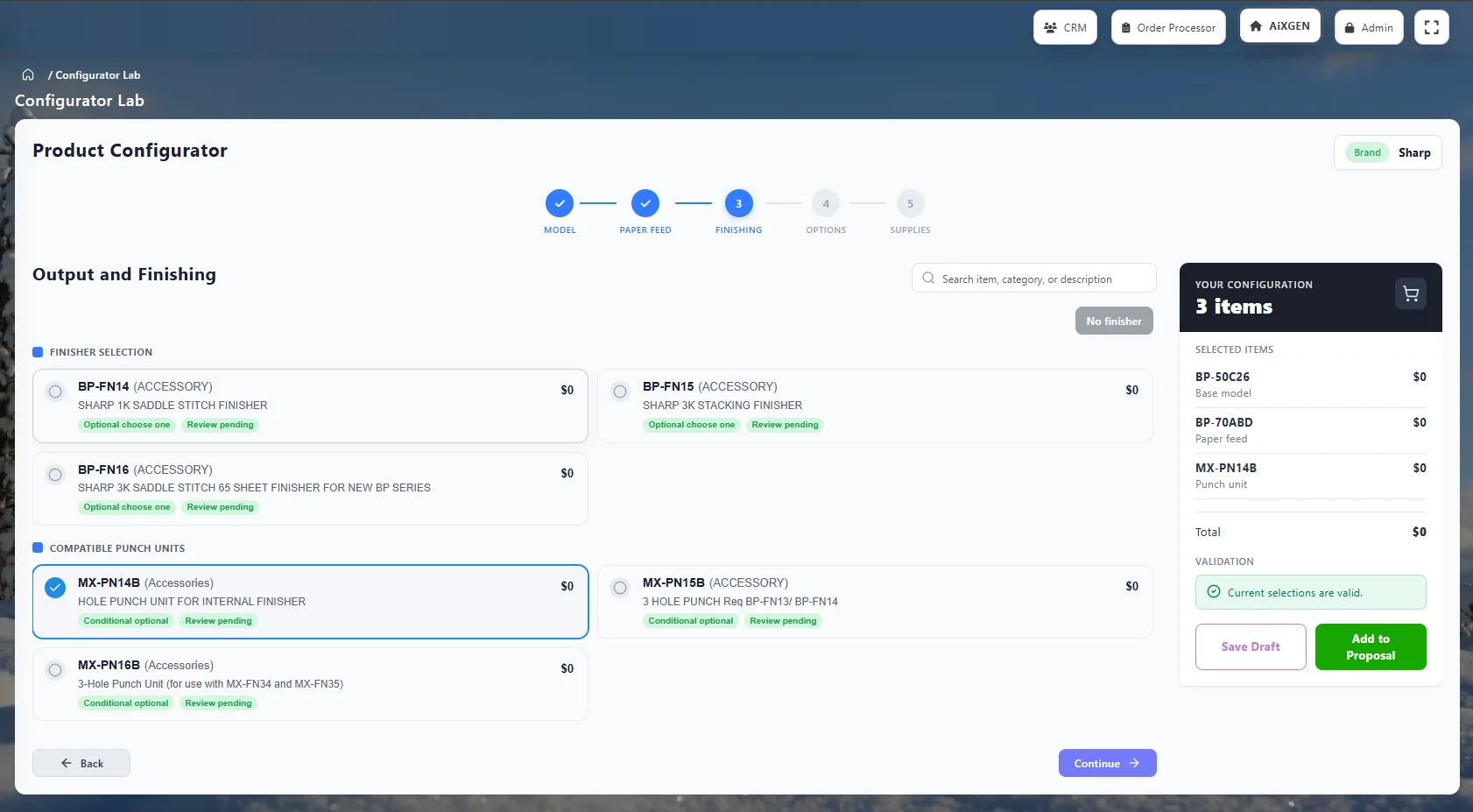 AiXGEN product configurator with finishing options and configuration summary