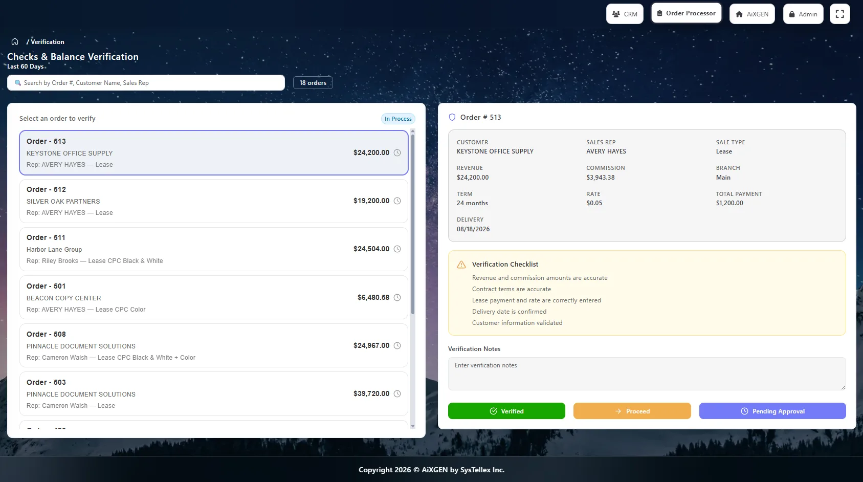 AiXGEN order processor checks and balance verification screen